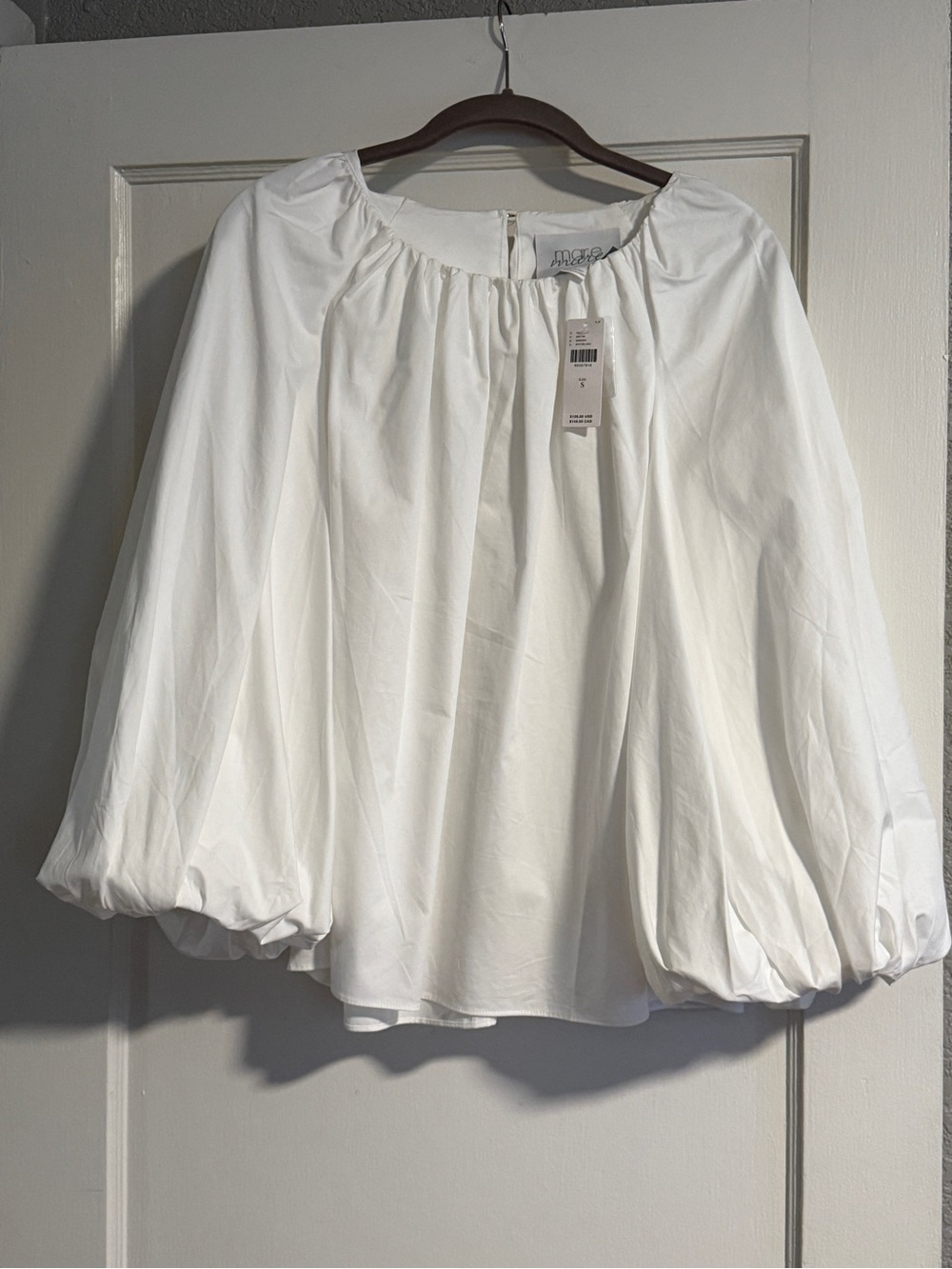 Mare Mare White Balloon-Sleeve Gathered-Neck Blouse
